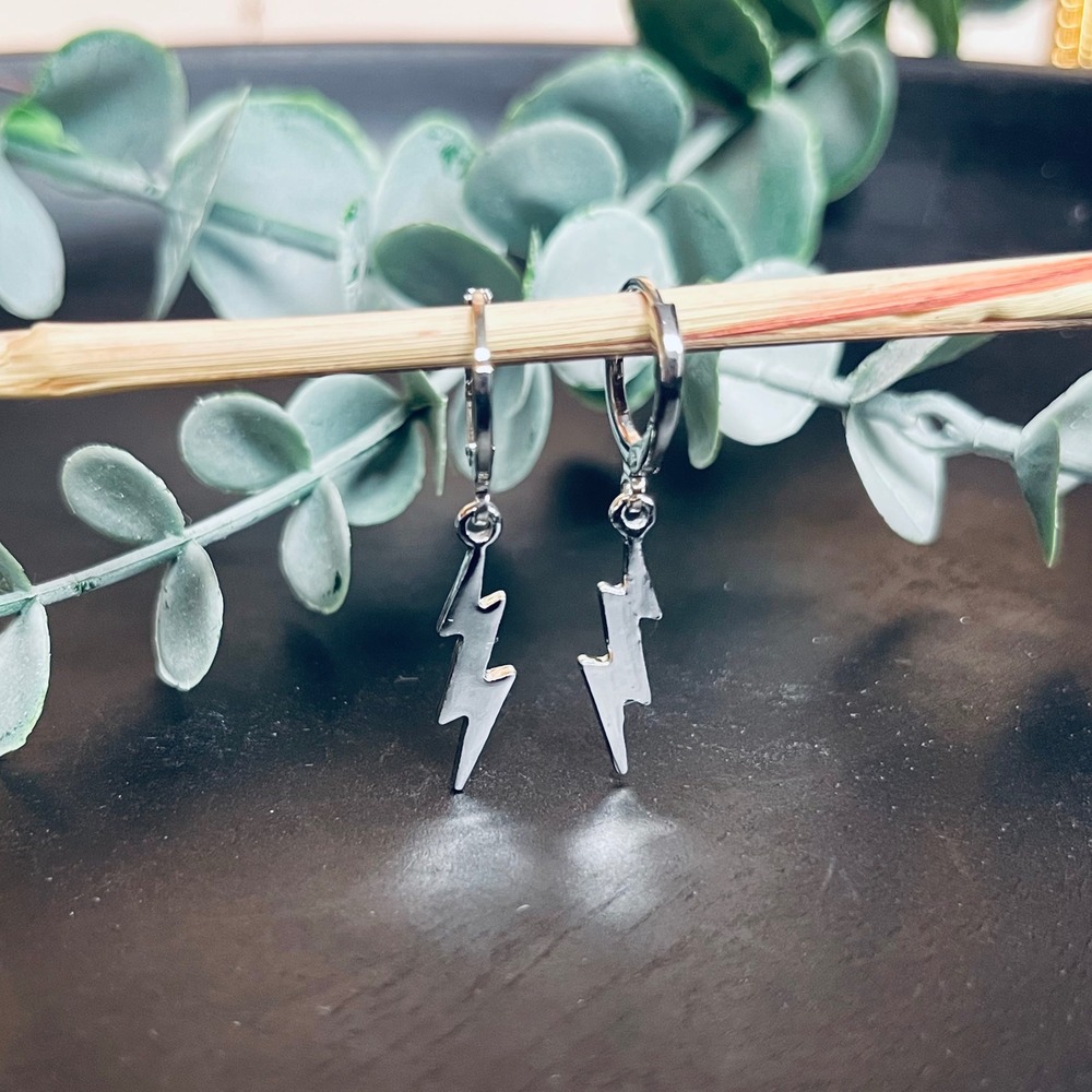 God of Thunder Huggie Hoop Earrings | 14k White Gold‎ Plated Lightning Bolt